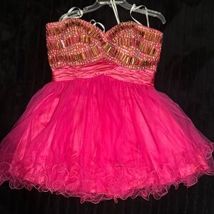Vibrant Pink Beaded Mini Dress